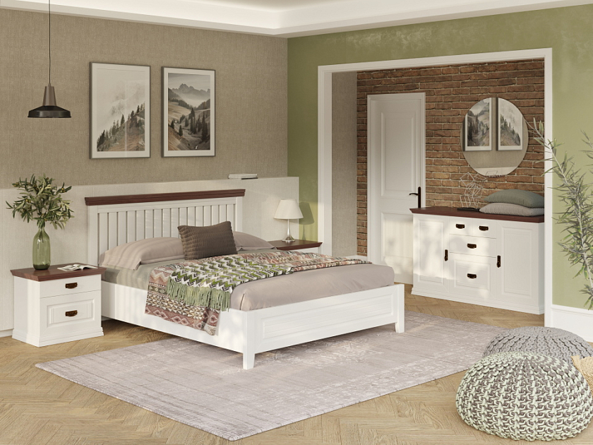 Кровать Olivia 200x200 Массив (сосна) Белая эмаль/Орех - Кровать из массива с контрастной декоративной планкой.