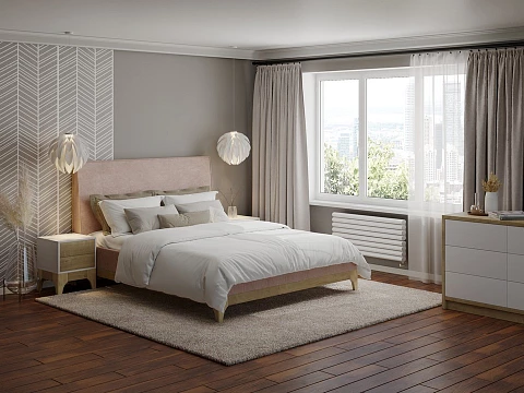 Белая двуспальная кровать Odda - Мягкая кровать из ЛДСП в скандинавском стиле